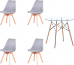 HJhomeheart Round Dining Table with 4 Dining Chairs for Dining Room, Kitchen, Living Room, Glass Dining Table and Grey Chairs