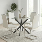 GOLDFAN s&ouml;&ouml;gilauakomplekt koos 4 k&otilde;rge seljatoega kunstnahast tooliga, &uuml;mmargune klaasist laud 4 tooliga k&ouml;&ouml;ki, s&ouml;&ouml;gituppa ja elutuppa (80 cm, valge)