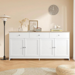 BursDany Sideboard for Dining Room, Storage Cabinet with 3 Drawers and 4 Doors, Sideboard with Adjustable Shelf, for Kitchen, Dining Room, Living Room, Natural and White, 160 x 37 x 75 cm