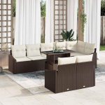 Garten-Sofa-Set 9-teilig Braun Creme mit Kissen und Stauraum, Gartenm&ouml;bel-Set mit Ecksofa und Glastisch, Outdoor-Sofa-Gruppe aus Poly-Rattan