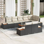 Polyrattan Gartensofa-Set 8 St&uuml;cke modular in Schwarz und Creme - Gartenm&ouml;bel-Set 8-teilig aus Polyrattan mit Akazienholzgestell und Kissen f&uuml;r Terrasse und Garten