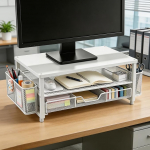 Monitor Erh&ouml;hung, ergonoomischer Monitorst&auml;nder mit Schublade und 2 Stifthaltern, Schreibtisch Organizer f&uuml;r Bildschirm Laptop, Desktop St&auml;nder als B&uuml;ro Zubeh&ouml;r f&uuml;r Arbeitsplatz und Computer (Wei&szlig;)