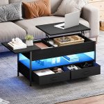 DWVO Coffee Table Height Adjustable with 2 Drawers and Open Storage Space, LED Coffee Table with Hidden Storage Compartment, Living Room Table 106 x 50 x 51.5 cm