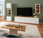 Kodum&ouml;&ouml;blikomplekt, valge ja tammepuust, 4-osaline, kaasaegne, 1 vitriinkapp, 1 madallaud, 1 seinariiul, 1 kohvilaud, valgustus