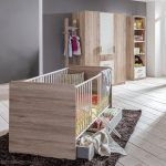 Lomadox Baby Room Set 6 Pieces in Oak with White Cot, Bed Sides, Bed Drawer, Wardrobe, Clothes Rail, Standing Shelf