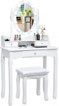 COSTWAY Dressing Table with LED Lighting, Adjustable Brightness, Dressing Table with 3 Drawers, Stool and 360&deg; Rotating Mirror, Cosmetic Table for Bedroom (White)