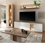 Home Furniture Set Oak White 4-Piece Modern Wall Unit 1 Display Cabinet 1 Wall Shelf 1 Lowboard 1 Coffee Table with LED Lighting