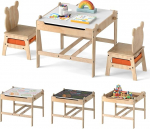 FANTASK laste laud 4 in 1, puidust istumiskomplekt toolidega ja kahepoolse tahvli ja kangastega sahtlitega, tegevuslaud, maalimislaud lastetuppa, Panda