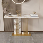 Moodne konsoollaud, diivanilaud loomingulise alusega, ristk&uuml;likukujuline sissep&auml;&auml;sulaud kiltkivi plaadiga, laius 30 cm kohvilauda taga (kuldne 2,80 x 30 x 80 cm)