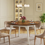 Tribesigns 120 cm &uuml;mmargune s&ouml;&ouml;gilaud 4-6 inimesele, k&ouml;&ouml;gilaud t&auml;ispuidust jalgadega elutuppa, k&ouml;&ouml;ki, s&ouml;&ouml;gituppa, valge ja maal&auml;hedane pruun