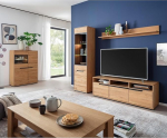 Lomadox Wohnm&ouml;bel Set Eiche teilmassiv modern 5-teilig, 1 Highboard, 1 Vitrine, 1 Wandboard, 1 Lowboard, 1 Couchtisch, LED-Beleuchtung - Massivholz/Echtholz/Furniert