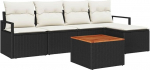 6-teiliges Garten-Sofa-Set mit Kissen Schwarz Poly Rattan Akazie, 2-Sitzer Garten-Sofa mit Stauraum & Kissen Schwarz Poly Rattan Gartenlounge Model3356360