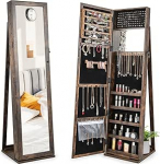 HOMASIS 3-in-1 ehtekapp 2 peegli ja redelriiuliga, lukustatav ehtekapp koos t&auml;isv&auml;&auml;rtusliku peegli ja puidust kosmeetikapeegliga, p&ouml;&ouml;rlev peegelkapp ketaste, s&otilde;rmuste, k&otilde;rvar&otilde;ngaste jaoks (pruun)