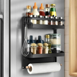 aceyoon Magnetic Fridge Shelf, 2 Tier Fridge Shelf, Hanging Shelf for Fridge, Magnetic Spice Rack with 4 Hooks, Kitchen Organiser and Paper Towel Holder