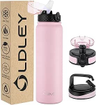 OLDLEY roostevabast terasest veepudel koos k&otilde;rrega, 1-liitrine isoleeritud pudel 3 kaanega, suur termosflaas, 1 liitrine, lekkekindel, hoiab kuuma ja k&uuml;lma, spordi, j&otilde;usaali, telkimise, jalgratta jaoks (roosa, 3 kaanega).