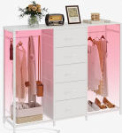 Trironsun 5 Drawers Chest of Drawers with Clothes Rack, Chest of Drawers with Clothes Rail, LED Lights, Wardrobe, Cabinet, Drawers, Charging Station, Flexible Shelf,