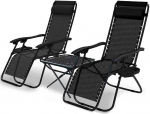 VOUNOT Lot de 2 Avec Table Set of 2 Reclining Chair koos kokkupandava lauaga, joogihoidja, aiatool, valmistatud tekstiilist, koos peapehmendusega, Max. Koormus 120 kg, must
