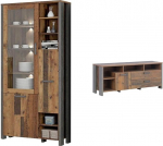 Forte Clif vitriinkapp, 1 uks, 1 klaasuks, Vintage Wood/Concrete Look, tumehall, 91,7 x 204,9 x 41,6 cm / Clif TV aluskapp, 1 uks, 2 sahtlit, betoonlook tumehall, 161 x 63,9 x 41,6 cm