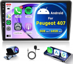 4G + 64G traadita Carplay Android autoradio 2 DIN Peugeot 407 2004-2011 9-tolline puuteekraaniga autoraadio koos Android auto navigatsiooniga GPS WiFi peeglilink Bluetooth FM/RDS raadio 32 EQ/USB/SWC tagumine vaade