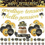 Pensionile j&auml;&auml;mise &otilde;hupallide b&auml;nneri komplekt 32 t&uuml;kki musta kuldset &otilde;nnelikku pensionilej&auml;&auml;mist Latex konfettiballoonide b&auml;nneri rongilippu kooki topper &otilde;larihmad naistele meestele kontorile lahkumise partei jaoks