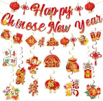 Falafoty Chinesisches Neujahrsdekoration 2026, chinesisches Pferd, Deckenh&auml;nger mit Happy New Year Banner, Mondneujahr, Fr&uuml;hlingsfest, Wirbeldekoration, Pferd, Neujahr, Partyzubeh&ouml;r (rot)