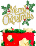Xsstarmi 1 Packung "Merry Christmas"-Kuchenaufsatz mit glitzernden goldenen Bl&auml;ttern und roten Beeren, Kuchendekoration f&uuml;r Frohe Weihnachten, Happy New Year Eve Party, Kuchendekorationen