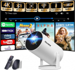 Vid&eacute;oprojecteur 1080P FHD Mini Projecteur Video 4K koos WiFi 6 BT5.2 Android TV, kaasaskantav projecteur Support for Trap&egrave;ze Correction 180&deg; Rotation HDMI/USB/PS5, App Int&eacute;gr&eacute;e koos HDMI et Souris, Blan