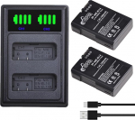Pickle Power 2 Pack EN-EL14 EN-EL14A akulaadija komplekt 1500mAh asendusakud Nikon D5300 D5600 D5500 D5200 D5100 D3500 D3400 D3300 D3200 D3100 DF Coolpix P78000 P7700 P7100 P7000 jaoks.
