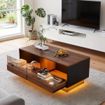 LED ja 2 sahtliga kohvilaud, elutoa laud diivanile, kohvilaud v&auml;ikese klaasist vitriinkapiga, kaasaegne diivanilaud hoiuruumiga, puidust ja karastatud klaasist kohvilaud, 50 x 100 x 42,7 cm, pruun + must