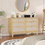 Rattan Kommode mit 6 Schubladen, Integrierte Steckdosen & USB-Anschl&uuml;sse, Gro&szlig;er Aufbewahrungsschrank f&uuml;r Schlafzimmer, Flur & Wohnzimmer, Mit Anti-Kipp-Sicherung, 133 x 40 x 80cm, Natur