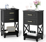 May in Color Black Bedside Table Set of 2, Side Table with 2 Drawers and Open Shelf, Bedside Table with Solid Feet, Modern Bedside Table for Bedroom, Living Room, Home Office
