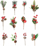 Cymax K&uuml;nstliche Tannenzapfen, verschiedene Blumen-Picker, rote Beeren, Tannenzapfen, k&uuml;nstliche Baumspie&szlig;e f&uuml;r Weihnachtskranz, festliche Wintersaison, 12 St&uuml;ck