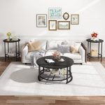 Set mit 3 runden Couchtischen - Couchtisch aus Holz mit 2 Beistelltischen, Aufbewahrungsregalen & Metallrahmen f&uuml;r Wohnzimmer & Schlafzimmer, stilvolles schwarzes Finish