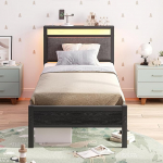 FOUBAM Polsterbett Bettgestell 90x200cm, Bettrahmen mit LED und Ladestation, Metallbett mit Kopfteil,Modern G&auml;stebett Jugendbett Bettrahmen,Bett 90x200cm mit Lattenrost f&uuml;r Schlafzimmer, Schwarz