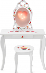 GOPLUS 2-in-1 laste puidust riietuslaud, laud koos tugitooli, sahtli ja eemaldatava peegliga, kosmeetikalaud kallutuskaitsega ja libisemisvastaste jalgadega, t&uuml;drukutele alates 3-aastastest, valge