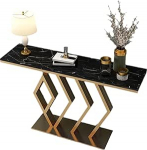 Moderner Konsolentisch mit geometrischem Gestell - Schmaler Beistelltisch aus Marmor f&uuml;r Wohnzimmer, Eingangsbereich und Flur (Gold & Schwarz, 100 x 30 x 80 cm)