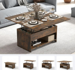 Kohvilaud, reguleeritava k&otilde;rgusega ja pikendatav, kaasaegne koos hoiuruumiga, elutoa laud varjatud kambriga ja hingedega riiuliga, puidust k&uuml;ljelaud, diivanilaud elutuppa, 2 tasandit, maamaja stiilis (pruun)