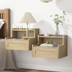 &Ouml;&ouml;laud riputatav 2-st komplektist, v&auml;ike kaasaegne ujuv &ouml;&ouml;kapp rotangist sahtliga, &ouml;&ouml;kapp, seinale paigaldatud riiul magamistuppa, elutuppa, naturaalne puiduv&auml;rv