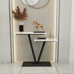 Kaasaegne kivist konsoolne diivanilaud 2 tasandiga, ristk&uuml;likukujulised paneelid + V-kujuline alus, k&uuml;ljelaud koos riiuliga esikusse, must, 39 tolli L x 12 tolli W