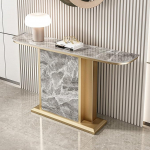 Modernne konsoollaud kitsas, pika disainiga, diivanilaud paagutatud kiviplaadiga ja metallist alusega, aktsentlaud esikusse, elutuppa, diivani taha (kuldne hall, L 120 x B 30 x