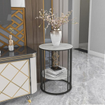 FATIVO Side Table Round Sofa Table Marble White 2 Shelves Living Room Table Modern Coffee Table Luxury Bedside Table with Black Iron Frame - 40 x 40 x 54 cm for Living Room Bedroom
