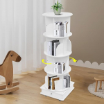 Gorgivous 360&deg; Rotating Bookcase, White, 4 Tiers, Floor-Standing Bookcase, Made of Wood, Multi-Tier Rotating Bookcase, Bookcase on Wheels, for Multi-Tier Storage Shelves