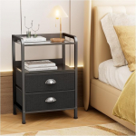 Bedside Table Bedroom Bedside Table with Open Shelf Bed Side Table with Fabric Drawers Side Table with 2 Drawers Storage Bedside Tables for Living Room Rustic Brown Black
