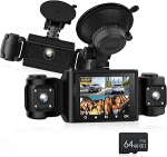 NHOPEEW esi- ja k&uuml;lgkaamera 1080P koos liikumise tuvastamise ja loop-salvestusega - 3-kanaliline HD Dash Cam laia 360&deg; vaatenurgaga, lihtne paigaldus ja 64GB TF-kaart
