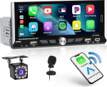 Hikity 1 DIN autoraadio Bluetooth traadita CarPlay & Android autoga, 6,9-tolline puuteekraaniga autoraadio kahe USB-pordiga Type-C tagurduskaamera kaugjuhtimismikrofon FM-raadio