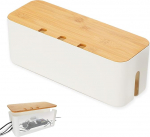 Kaablijuhtimiskast, bambusest kaanega kaablikorraldaja, valge kaablikast voolujuhtmete ja elektriseadmete varjamiseks