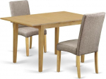 Set of 3 Rectangular Table with 12" 12" Butterfly Leaf and Pair of Parson Chairs, Oak Legs and Linen Fabric, Dark Khaki