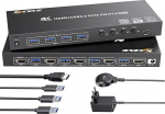 Camgeet KVM Switch 4 PC 1 Monitor HDMI Simulatsioon EDID, 4K @ 60Hz, USB 3.0 KVM Switch HDMI 4 Port 4 PC jagamiseks 1 Monitor ja 4 USB 3.0 seadet juhtmega kaugjuhtimispuldiga, 5 kaablit ja 12 V toiteallikas
