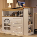 360&deg; Rotating Edible, Suitable for Bedroom, Living Room, Dining Room, 2 Drawers, Snack Rack, Open Storage Compartment, Rotating Sideboard Cabinet with Shelves and Curved Glass (White, 138 x 39 x 104