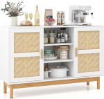 COSTWAY Wooden Buffet Cabinet, Kitchen Cabinet with 2 Bamboo Doors and 3 Open Shelves, 120 cm Sideboard Kitchen Buffet for Dining Room, Kitchen, Living Room, 120 x 35 x 78 cm, White + Natural (Model